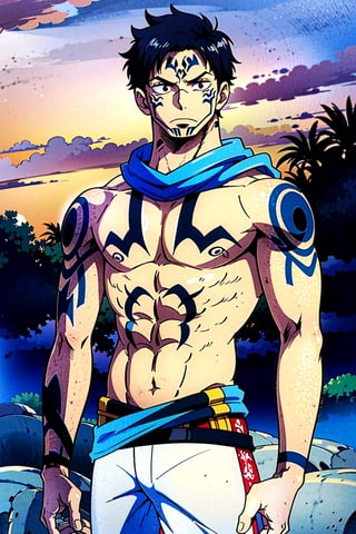 ((masterpiece, best quality)), man black_hair,shorthair,stoic,  jaw_line ,sukunatattoo,strong,shirtless,blue_bandana, sunset,,((TribalTattoos)),defined_muscles, olive_skin