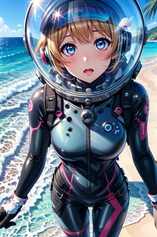 Extreme detail,masterpiece,anime illustration ,love_live style,1girl, beach, clear sky, blue sea, black_hair, short hair, bangs, large_eyes, pink_eyes,  (space helmet):4,(clear_helmet):3, neck seal,shiny wetsuit, black_bodysuit, red_accents, gloves, thigh_straps, looking_at_viewer, surprised_expression, bodysuit, sea_background, sunny, headphone,blonde hair,short hair,blue eyes,blush,bing_wetsuit,astrovest