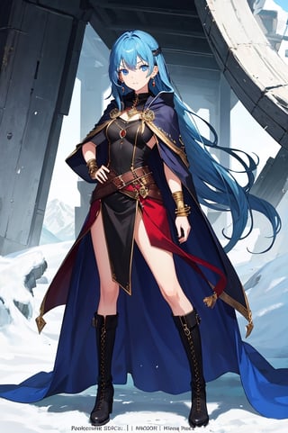 solo, long hair, looking at viewer, blue eyes, 1girl, jewelry, blue hair, full body, female focus, earrings, boots, cape, copyright name, mountain