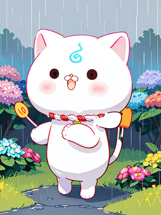 (35P):2, solo, chibi:2, white cat, kawaii, cute face, looking at viewer, blush, happy and playful expression, simple background with rain drops, standing on the grass with hydrangea flowers, tail, full body, no humans, cat, vector illustration, outdoors, enjoying rainy day
