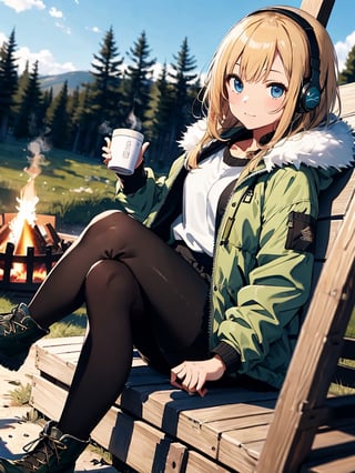 masterpiece:1.2, best quality, (highly detailed:1.3), 1girl, solo, long hair, looking at viewer, blonde hair,headphone, holding, blue eyes, sitting, jacket, boots, outdoors, BREAK black skirt, tights,boots,cup, BREAK (green downjacket):1.3,coat, fur trim, BREAK sitting on camping chair, brown footwear, crossed legs,BREAK one bonfire, holding cup, mug, pants, tent, camp,forest,glass field,campfire,day,sunny sky,tnf_jacket