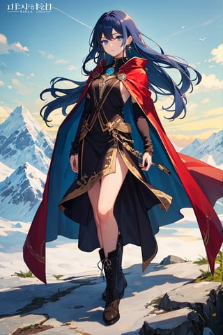 solo, long hair, looking at viewer, blue eyes, 1girl, jewelry, blue hair, full body, female focus, earrings, boots, cape, copyright name, mountain