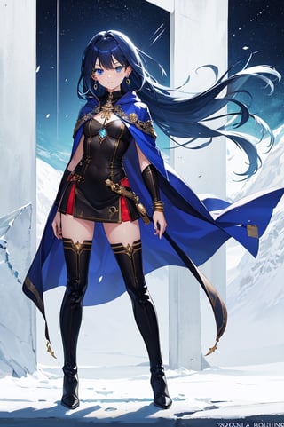 solo, long hair, looking at viewer, blue eyes, 1girl, jewelry, blue hair, full body, female focus, earrings, boots, cape, copyright name, mountain