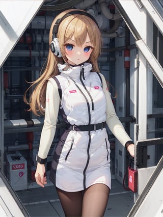 (masterpiece:1.2, best quality), (highly detailed:1.3),One girl,headphone,white downvest,(puffer vest):1.4,(long down vest),,Astrovest,BREAK,inside cyberpunk white futuristic space station,BREAK,black long sleeve
black tights,black belt,iwatch,BREAK,beautiful  eyes,tareme-eyes,breakdomain,V-shaped eyebrows,bing_astronaut,blonde long hair BREAK blush:1.3,astrogirl