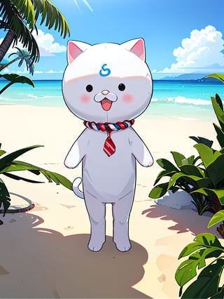 Extreme detail,(35P):2,chibi:2,solo, white cat,looking at viewer, blush, open mouth, simple background, standing on sandy beach, tail, full body, no humans, cat, tropical beach scene with blue ocean, clear sky with bright summer sunlight, inflatable beach ring, palm trees in background suggesting a tropical paradise, 

