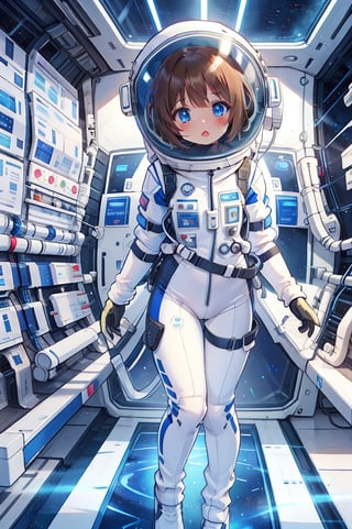 Extreme detail,masterpiece,anime illustration ,1girl,  short hair, bangs, large_eyes, blue_eyes,  (space helmet):4,(clear_helmet):3, neck seal,white space suit,  gloves, thigh_straps, looking_at_viewer, lomg pants,surprised_expression,headphone,light brown hair,short hair,blue eyes,blush,bing_wetsuit,astrovest,astrogirl,