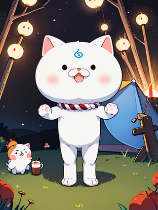 (35P):2,solo, chibi:2, white cat, kawaii, cute face, looking at viewer, blush, simple background of campsite with starry night sky, standing on grass next to pitched tent, with campfire flickering nearby, holding coffee mug in paws, tail swishing relaxedly, full body, no humans, cat, vector illustration, whimsical camping scene

