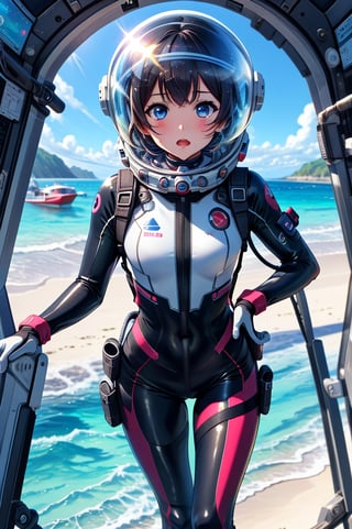 Extreme detail,masterpiece,anime illustration ,love_live style,1girl, beach, clear sky, blue sea, black_hair, short hair, bangs, large_eyes, pink_eyes,  (space helmet):4,(clear_helmet):3, neck seal,shiny wetsuit, black_bodysuit, red_accents, gloves, thigh_straps, looking_at_viewer, surprised_expression, bodysuit, sea_background, sunny, headphone,blonde hair,short hair,blue eyes,blush,bing_wetsuit,astrovest