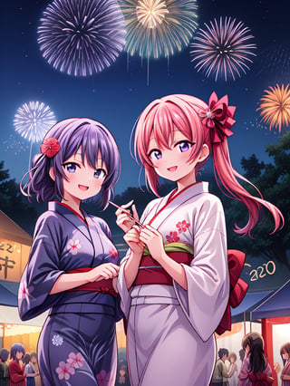 incredibly_detailed,2020s_anime_style ,love_live_art_style, outdoors ,night_sky ,festival_grounds, yukata ,group ,group_of_girls friends ,smiling ,fireworks ,festival_stalls evening, summer_festival, bustling