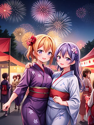 incredibly_detailed,2020s_anime_style ,love_live_art_style, outdoors ,night_sky ,festival_grounds, yukata ,group ,group_of_girls friends ,smiling ,fireworks ,festival_stalls evening, summer_festival, bustling