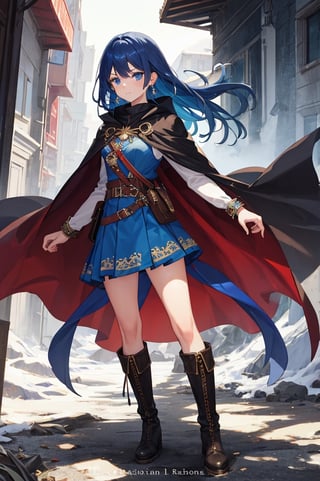 solo, long hair, looking at viewer, blue eyes, 1girl, jewelry, blue hair, full body, female focus, earrings, boots, cape, copyright name, mountain