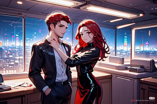 4k, ultra hd, ultra detailed characters, realistic characters hard shadows, mixed cozy and white lights, night charming, night lights romantic ambience, giant luxury office lobby interior with impressive cityscape view of futuristic city from panoramic windows, floor to ceiling windows, chic couple standing for the picture, medium red hair secretary, short black hair executive man, them both looking at me, she's wearing black leather long skirt and white cotton shirt, he is rich corporation CEO's style,Movie Still,light,aesthetic portrait,jaeggernawt