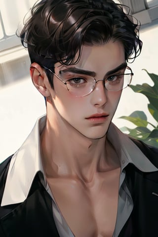 1boy,a very handsome, attractive, muscular boy, with wavy black hair, black eyes, wears glasses,