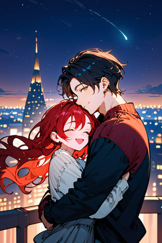 Score_9, Score_8_up, Score_7_up, Score_6_up, Score_5_up, Score_4_up,1girl (red hair), long_hair, hug, night, 1boy (black hair), Man_hugs_girl_from_behind, shirt, hetero, looking_at_viewer, brown_hair, night_sky, couple, sky, long_sleeves, cityscape,jaeggernawt