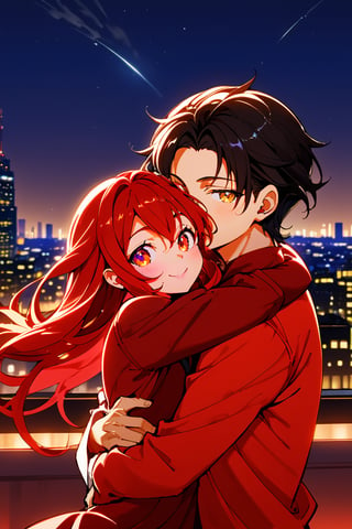 1girl (red hair), long_hair, hug, night, 1boy (black hair), Man_hugs_girl_from_behind, shirt, hetero, , in his 20s, looking_at_viewer, brown_hair, night_sky, couple, sky, long_sleeves, cityscape,jaeggernawt