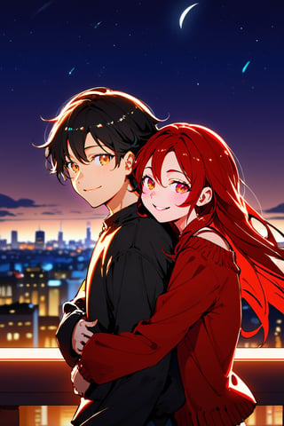 1girl (red hair, in his 20s), long_hair, hug, night, 1boy (black hair, in his 30s), Man_hugs_girl_from_behind, shirt, hetero, looking_at_viewer, brown_hair, night_sky, couple, sky, long_sleeves, cityscape,jaeggernawt