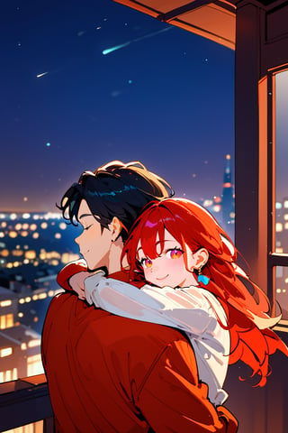 Score_9, Score_8_up, Score_7_up, Score_6_up, Score_5_up, Score_4_up,1girl (red hair), long_hair, hug, night, 1boy (black hair), Man_hugs_girl_from_behind, shirt, hetero, looking_at_viewer, brown_hair, night_sky, couple, sky, long_sleeves, jewelry, earrings, cityscape,jaeggernawt