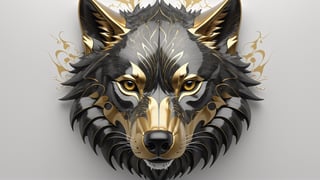 Carbon fiber and gold details wolf head with lots of fractal clefts, white smoke background, highly detailed, realistic, 8k, in frame