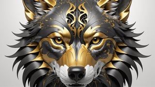 Carbon fiber and gold details wolf head with lots of fractal clefts, white smoke background, highly detailed, realistic, 8k, in frame