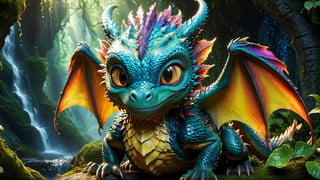 (best quality,16K,UHD,masterpiece), ultra-detailed, (cinematically rendered, visually stunning) artwork featuring a baby dragon. Picture a vibrant and enchanting scene with the dragon set against a mystical background. The 3D rendering brings out intricate details like its textured scales and adorable expression. The fluffy wings add a touch of whimsy, complemented by sparkling eyes that radiate playfulness. The magical atmosphere is intensified by realistic textures, professional artistry, and a captivating composition. Immerse yourself in an epic fantasy scene with a perfect blend of fantasy art style and mystical lighting.