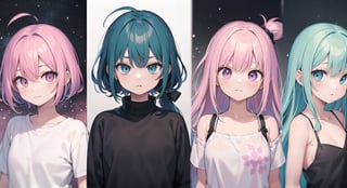 random hair color (pink,  blue,  green,  black),  random eyes color,  random cloths