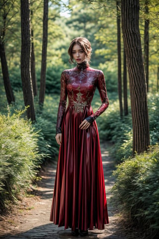 Gorgeous realistic Robot , in red asimetric dress, metal person with cold hurt made from expensive stones and flowers standing in the middle of the forest