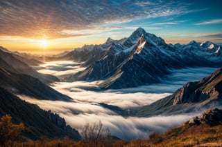 sunraise,Sea of clouds,mountain ranges,drak,glorious,The landscape,Chinese big breasts,fairytale-like,Light effect,dream magical