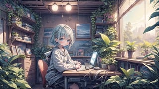 best quality,  extremely detailed, HD,  8k,  extremely intricate:1.3, nice hands, little girl sitting at computer desk, cute, smile, room, BiophyllTech,LOFI, five fingers