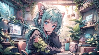 best quality,  extremely detailed, HD,  8k,  extremely intricate:1.3, nice hands, little girl sitting at computer desk, cute, smile, room, BiophyllTech,Lofi