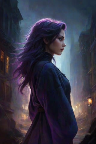 A stunning cinematic concept piece from the wild imagination of Fantomas, a dark fantasy digital illustration inspired by the texture and depth of an abstract oil painting. Depicted is a mesmerizing woman with a powerful gaze, her long cascading hair a vibrant combination of blue and deep purple. Thick, textured paint adds to the sense of movement and energy in the scene. The background is a representation of a bokeh style cityscape with a mysterious atmosphere instead of golden light. A single point of soft, ethereal light emerges from a window, outlining the woman's silhouette against the muted, desaturated colors. The scene evokes solitude and introspection, but the haunting gaze and bold features stay true to the dark fantasy theme., concept art