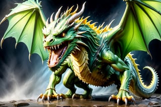 Please generate a hyper realistic image of an angry yellow-green dragon