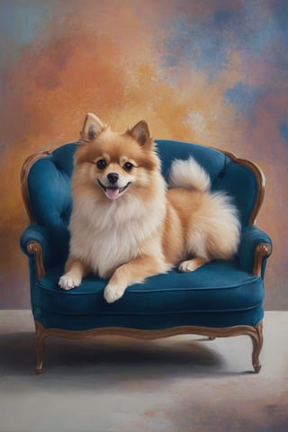An exquisitely rendered 3D illustration of a small Lulu Pomeranian dog with gleaming golden fur, lounging majestically on a dark blue three-seater sofa. The dog's playful tongue is hanging out of its mouth, and its eyes convey a sense of mischief and serenity. The background is a vibrant, impressionist-style painting that adds depth and energy to the scene, while the overall atmosphere is warm and inviting., painting, 3d render, vibrant


