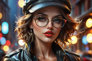 Alluring and hot woman, big and perfect eyes, thin and slightly turned nose, attractive full lips, flirtatious, sexy. Glasses, hat, leather bike jacket. Trending on Artstation, sharp focus, studio shot, intricate detail, high detail, sparkles, octane rendering, 64k, photorealistic concept art, soft natural light, chiaroscuro, masterpiece.
