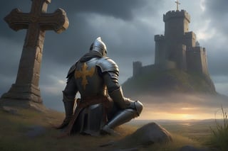 An amazing scene by Fedya Serafiezh, of a valiant knight in shining armor kneeling reverently before an imposing cross. The knight's shield bears a large, intricately detailed cross, representing his unwavering faith. A sense of peace and tranquility emanates from the scene, despite the ominous storm clouds overhead. The background reveals a distant castle and battlefield, hinting at the challenges ahead.