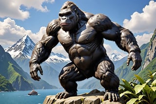 Please generate , a realistic 1 King Kong gorilla, with a mountain and sea background