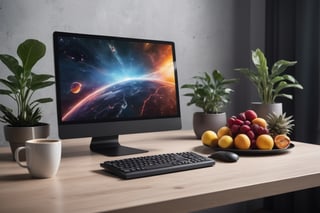a super modern and futuristic computer from the future placed on a desk with a cup of warm coffee and fresh fruit on it