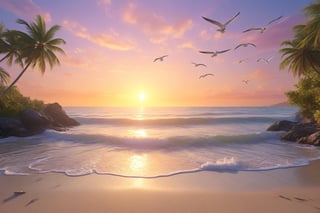 A mesmerizing sunset scene captures the perfect moment when the sun dips below the horizon, casting a breathtaking blend of vibr
ant oranges, pinks, and yellows across the sky. The crystal-clear waters of the sea gently lap against the pristine, sandy white beach, which stretches out as far as the eye can see. The dynamic and breathtaking scene is further enhanced by seagulls soaring high in the sky and swaying palm trees rustling in the gentle breeze. The calming atmosphere invites you to immerse yourself in the tranquility and let the peacefulness wash over you.,ink 