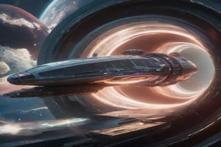 


A futuristic spaceship from the future, with a sleek and modern design, is seen passing through a rotating wormhole. Decorated with bright neon lights and has multi-dimensional symbols on its surface. The wormhole, a gateway to a higher dimension, is filled with vibrant colors and intricate patterns, creating a mesmerizing visual effect. In the background is a distant galaxy, with stars and nebulae twinkling in the vastness of space.
