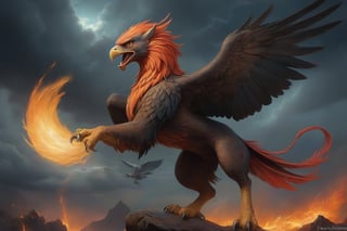 
A stunning, dark fantasy painting, ot Fantomas, of a majestic griffin soaring in the sky, holding a glowing, magical letter in its claws. The griffin with the body of a lion and the head of an eagle is depicted with intricate, realistic details and a fiery aura. The background shows a stormy, apocalyptic landscape with fiery explosions and ominous clouds. The vivid colors and intense expressions of determination and focus on the gryphon's face create a compelling and mesmerizing scene.,live,dark fantasy,painting