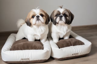 Pairs of Shih Tzu, male and female, playing, double coated, white and brown, on the best pet beds that look like furniture, close up.