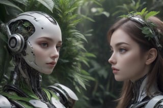 Beautiful exposures of a humanoid robot, he is among exotic green plants, teaching a girl with incredible beauty, about the mysterious nature and magical aura, perfect illustration, portrait photography, from Fedya's madness, ultra premium textures, hyper-realistic, intricate details, anticipation, UHD , HDR, masterpiece, award-winning work