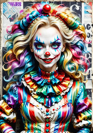 a seductive blonde woman It the clown with blue eyes in a white and purple striped outfit, with a teasing smile, newspaper background . Full_body ,mad-marbled-paper