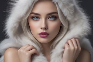 ((extremely realistic photo)), professional photo, The image features a beautiful model of big breast with white_hair and blue eyes, wearing a fur coat with a hood, her bright purple lips stand out in the composition of the image, ((ultra sharp focus)), (realistic textures and skin:1.1), (perfect realistic bluish gray-color eyes:1.1), ((perfection in the hands:1.1)), aesthetic. masterpiece, pure perfection, high definition ((best quality, masterpiece, detailed)), ultra high resolution, hdr, art, high detail, add more detail, (extreme and intricate details), ((raw photo, 64k:1.37)), ((sharp focus:1.2)), (muted colors, dim colors, soothing tones ), siena natural ratio, ((more detail xl)),more detail XL,detailmaster2,Enhanced All,photo r3al,masterpiece,photo r3al


