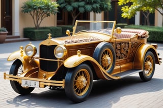 A mesmerizing and unique automobile masterpiece, with a wooden-carved body that artistically emulates the style of a classic car. The car has functional wheels, a steering wheel, and other working components. The wooden carving features intricate details, such as ornate patterns and leaves that blend seamlessly into the overall design. The sun casts warm, golden rays on the car, highlighting the rich hues of the wood, and adding an air of nostalgia and wonder to the scene.