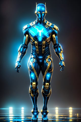 alien humanoid, artwork of a futuristic artificial intelligence superstar with frames made of detailed circuits. marvel studios concept art. artstation HQ. creative character blue/glass gold design for cyberpunk, red fiery eyes, intricate, elegant, 8k, highly detailed, digital painting, concept art, smooth, sharp focus, league of legends concept art,80sFashionRobot