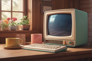 A charming 3D render of a retro, kawaii-style personal computer, sitting on a wooden table. The computer has a cute, colorful design, with an old-school monitor and an oversized mouse. Vintage cables and a floppy disk are seen next to the computer. The background is composed of a warm, cozy room with natural light streaming in through the window, creating a nostalgic and inviting atmosphere., 3d render