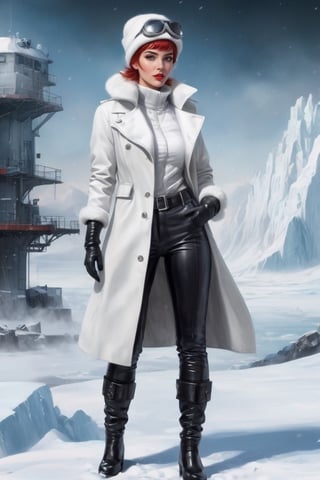 vintage comic book illustration of a woman in Antarctica, wearing white winter coat at a dystopian Antarctica, ice horizon background, winter hat, wearing black leather gloves, wearing black boots, (wearing white leather pants), full body, red short hair, tattooed body, sexy body, detailed gorgeous face, apocalyptic environment, exquisite detail, 30-megapixel, 4k, Flat vector art, Vector illustration, Illustration, ,,
