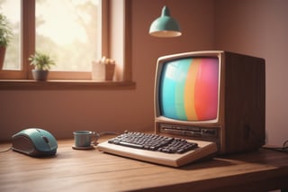 A charming 3D render of a retro, kawaii-style personal computer, sitting on a wooden table. The computer has a cute, colorful design, with an old-school monitor and an oversized mouse. Vintage cables and a floppy disk are seen next to the computer. The background is composed of a warm, cozy room with natural light streaming in through the window, creating a nostalgic and inviting atmosphere., 3d render