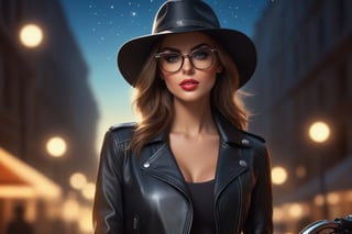 Alluring and hot woman, full height, big and perfect eyes, thin and slightly turned nose, attractive full lips, flirtatious, sexy. Glasses, hat, leather bike jacket. Trending on Artstation, sharp focus, studio shot, intricate detail, high detail, sparkles, octane rendering, 64k, photorealistic concept art, soft natural light, chiaroscuro, masterpiece.