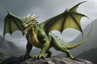 Please generate a hyper realistic image of an angry yellow-green dragon